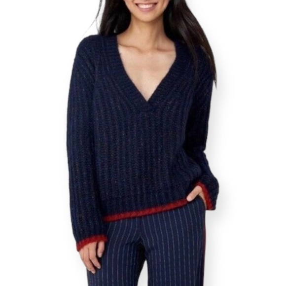 La Ligne Sweater, V neck alpaca wool sweater, Navy, Size M - Picture 1 of 15